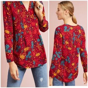Maeve | Anthropologie Red Floral Printed Pintucked Challis Woven Blouse Medium